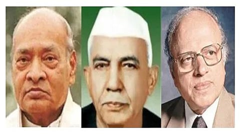 (From L to R) Former PMs P V Narasimha Rao, Chaudhary Charan Singh; Green Revolution pioneer Dr M S Swaminathan