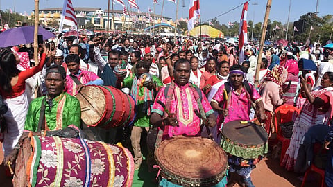 Tribals play traditional instruments during the Adivasi Ekta Maha Rally over Jal, Jungle and Jamin, Forest Rights and PESA Act (Panchayat Extension in Scheduled Area), in Ranchi, Sunday, Feb. 4, 2024.