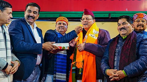 Uttarakhand Chief Minister Pushkar Singh Dhami being greeted by BJP leaders after the state Assembly passed the Uniform Civil Code Bill.