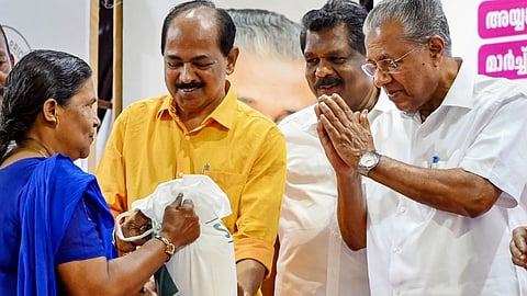 Kerala Chief Minister Pinarayi Vijayan with State Minister for Civil Supplies GR Anil and former minister Antony Raju (centre) during the launch ceremony of the Sabari K-Rice distribution initiative, in Thiruvananthapuram, Wednesday, March 13, 2024.