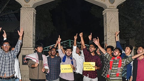 Students of Cotton University stage a protest after the central government notified the rules for implementation of the Citizenship (Amendment) Act, 2019, in Guwahati, Monday, March 11, 2024. 
