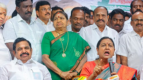 AIADMK general secretary Edappadi K Palaniswami and Desiya Murpokku Dravida Kazhagam (DMDK) general secretary Premalatha Vijayakanth address the media after finalising a seat sharing arrangement for Lok Sabha elections, at AIADMK headquarters, in Chennai, Wednesday, March 20, 2024.