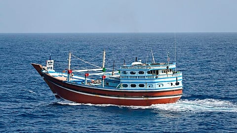 Indian Navy's operation undeway to rescue hijacked Iranian Fishing Vessel 'Al-Kambar', approx 90 nm South West of Socotra. 