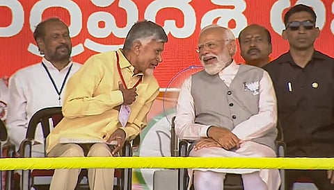 Prime Minister Narendra Modi with TDP chief N Chandrababu Naidu during a public meeting in Palnadu, Andhra Pradesh, Sunday, March 17, 2024.