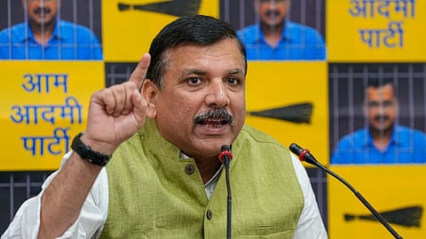 Aam Aadmi Party (AAP) MP Sanjay Singh addresses a press conference, in New Delhi, Wednesday, April 10, 2024.