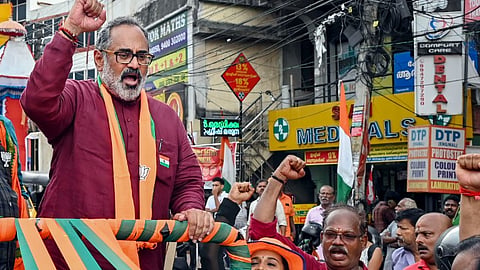 Union Minister and BJP candidate Rajeev Chandrasekhar during a roadshow ahead of Lok Sabha Polls, in Thiruvananthapuram, Monday, April 8, 2024. 