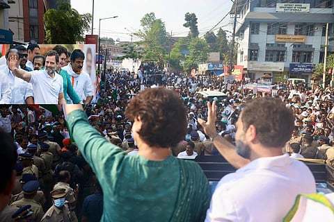 Standing atop an open truck, Rahul was flanked by Priyanka and senior party leaders from Kerala as the roadshow moved towards the Civil Station locality.