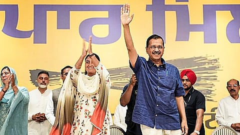 Delhi Chief Minister and AAP National Convenor Arvind Kejriwal at a gathering of traders and commission agents at Town Hall, in Jalandhar, Punjab.