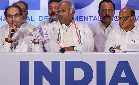 Congress President Mallikarjun Kharge with NCP (Sharad) Chief Sharad Pawar and Shiv Sena (UBT) Chief Uddhav Thackeray during an INDIA alliance press conference, in Mumbai, Saturday, May 18, 2024.
