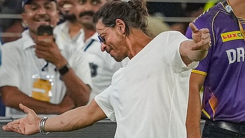 Kolkata Knight Riders owner Shah Rukh Khan celebrates his team's win in the Qualifier 1 of Indian Premier League (IPL) 2024 against Sunrisers Hyderabad at the Narendra Modi Stadium, in Ahmedabad, Tuesday, May 21, 2024. 