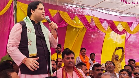 BJP leader Varun Gandhi addresses a rally in support of his mother and party candidate from Sultanpur constituency Maneka Gandhi for Lok Sabha elections, in Sultanpur, Thursday, May 23, 2024. 