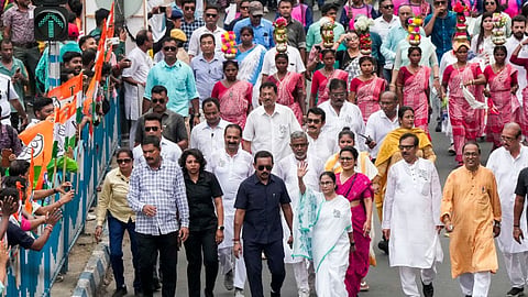 West Bengal Chief Minister and TMC supremo Mamata Banerjee during a campaign road show for the last phase of Lok Sabha elections, in Kolkata, Thursday, May 30, 2024. 