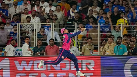 Rajasthan Royals' Yashasvi Jaiswal drops the catch of Royal Challengers Bengaluru's player Mahipal Lomror during the Indian Premier League (IPL) 2024 T20 cricket match between Royal Challengers Bangaluru and Rajasthan Royals at the Narendra Modi Stadium, in Ahmedabad, Wednesday, May 22, 2024. 