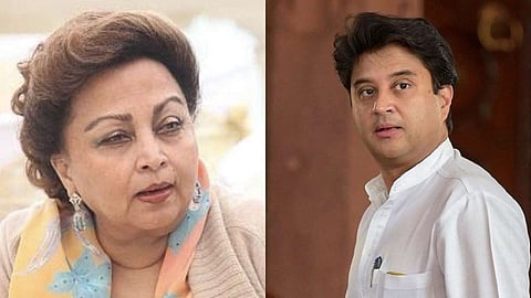 Madhavi Raje Scindia (L), mother of Union minister Jyotiraditya Scindia (R)