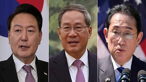South Korean President Yoon Suk Yeol, Chinese Premier Li Qiang (center) and Japanese Prime Minister Fumio Kishida