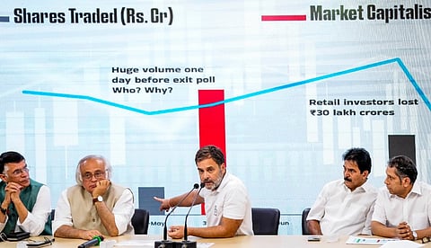 Congress leader Rahul Gandhi with party leaders Jairam Ramesh, Pawan Khera, KC Venugopal and others during a press conference, in New Delhi, Thursday, June, 6, 2024.