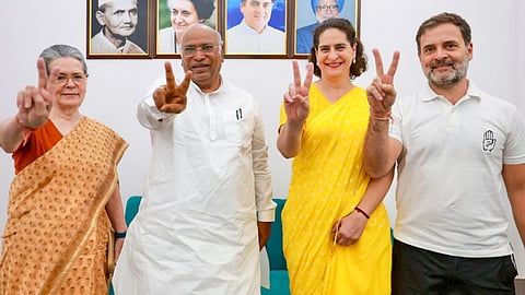 Congress President Mallikarjun Kharge and party leaders Sonia Gandhi, Rahul Gandhi and Priyanka Gandhi Vadra flashes victory sign after Rahul won the Lok Sabha elections from Rae Bareli and Wayanad constituencies. 