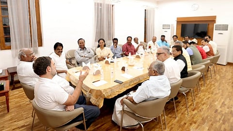 Congress President Mallikarjun Kharge and party MP Rahul Gandhi at a meeting with the floor leaders of INDIA coalition, in New Delhi, Tuesday, June 25, 2024.