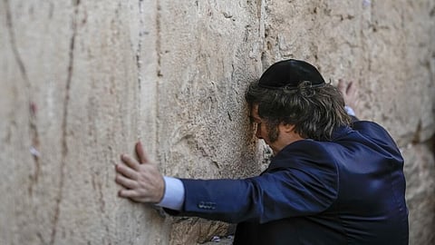 Argentina President Javier Milei prays at the Western Wall in Jerusalem's Old City