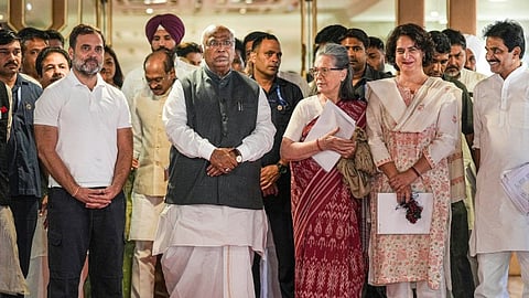 Congress President Mallikarjun Kharge with party leaders Sonia Gandhi, Rahul Gandhi, Priyanka Gandhi Vadra and others during the extended Congress Working Committee meeting, in New Delhi, Saturday, June 8, 2024.