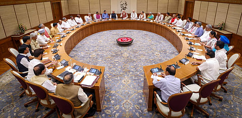 Prime Minister Narendra Modi chairs the first meeting of his new Cabinet, attended by the newly-inducted ministers, at the prime minister's 7, Lok Kalyan Marg residence, in New Delhi, Monday, June 10, 2024.