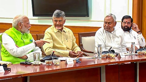 Prime Minister Narendra Modi with TDP chief N Chandrababu Naidu, JD(U) chief Nitish Kumar and Shiv Sena leader and Maharashtra CM Eknath Shinde during a meeting of the National Democratic Alliance (NDA) at PM's residence, in New Delhi, Wednesday, June 5, 2024.