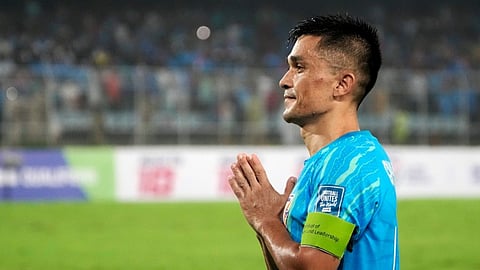 India's captain Sunil Chhetri acknowledges fans after a FIFA World Cup 2026 Qualifier football match between India and Kuwait, at the Vivekananda Yuba Bharati Krirangan (Salt Lake Stadium), in Kolkata, Thursday, June 6, 2024. 