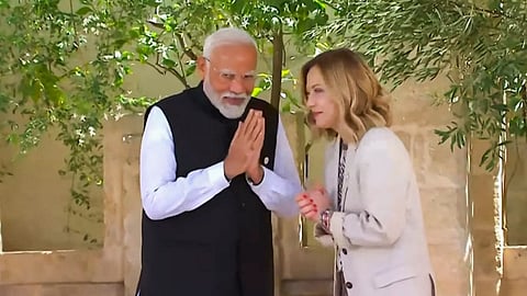 Prime Minister Narendra Modi being welcomed by his Italian counterpart Giorgia Meloni upon his arrival at the venue of the G7 Summit, in Apulia, Italy, Friday, June 14, 2024.