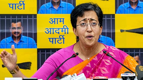 Delhi Minister Atishi addresses a press conference, in New Delhi, Wednesday, June 19, 2024. 