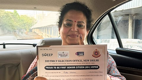 National Commission for Women chairperson Rekha Sharma after casting her vote at a polling booth during the sixth phase of Lok Sabha elections, in New Delhi, Saturday, May 25, 2024.