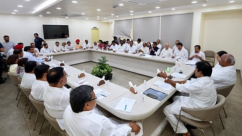 Congress President Mallikarjun Kharge with party leaders Rahul Gandhi and KC Venugopal during a review meeting on Maharashtra, at AICC headquarters in New Delhi, Tuesday, June 25, 2024.