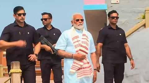 Prime Minister Narendra Modi arrives to pay tribute at the Thiruvalluvar Statue, in Kanniyakumari, Saturday, June 1, 2024.