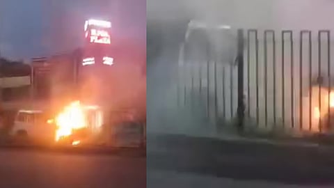 An SUV engulfed in fire near Angamaly