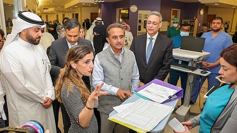 MoS for External Affairs Kirti Vardhan Singh visits the Jaber hospital to meet Indians injured in a fire incident, in Kuwait, Thursday, June 13, 2024.