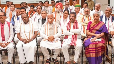 NDA leaders Shivraj Singh Chouhan, H.D. Kumaraswamy, Manohar Lal Khattar, Dharmendra Pradhan, Nirmala Sitharaman, S. Jaishankar and others during an interaction with Prime Minister-designate Narendra Modi over tea, in New Delhi, Sunday, June 9, 2024.
