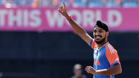India's Arshdeep Singh celebrates the dismissal of United States' Shayan Jahangir during the ICC Men's T20 World Cup cricket match between United States and India at the Nassau County International Cricket Stadium in Westbury, New York, Wednesday, June 12, 2024.