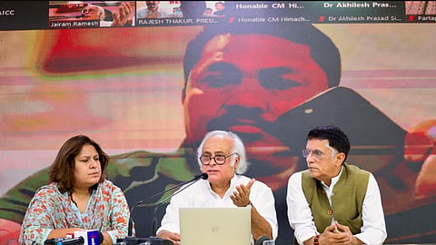 Congress leaders Jairam Ramesh, Pawan Khera and Supriya Shrinate during a press conference at AICC HQ. in New Delhi, Sunday, June 2, 2024.