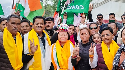 Congress candidate Anuradha Rana celebrates with supporters after winning the Lahaul and Spiti bypoll, in Lahaul and Spiti, Tuesday, June 4, 2024.