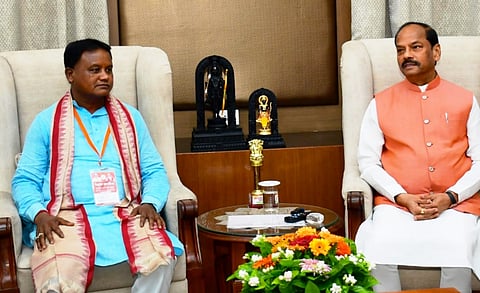 Odisha Chief Minister designate Mohan Manjhi meets Governor Raghubar Das to formally stake claim to form government in the state, in Bhubaneswar, Tuesday, June 11, 2024.