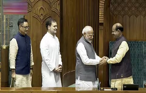  Prime Minister Narendra Modi on Wednesday congratulated Om Birla on his re-election as Lok Sabha Speaker,Parliamentary Affairs Minister Kiren Rijiju were joined by the Leader of Opposition Rahul Gandhi in escorting Birla