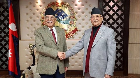 Outgoing Nepal PM Pushpa Kamal Dahal 'Prachanda' and ex-premier K P Sharma Oli.