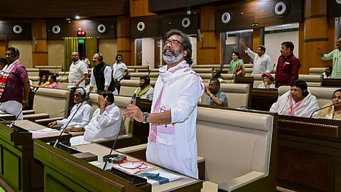 Jharkhand Chief Minister Hemant Soren speaks during a special session of the State Legislative Assembly, held for the floor test of the JMM-led government, at Jharkhand Vidhan Sabha, in Ranchi.