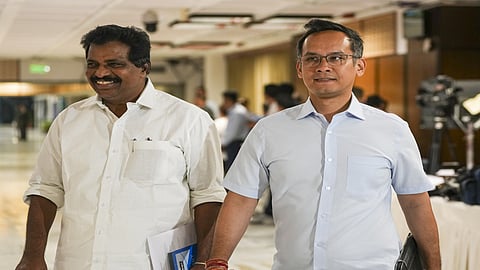 Congress MPs Kodikunnil Suresh and Gaurav Gogoi after attending all party meet