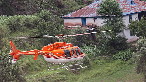 J&K Director General of Police (DGP) RR Swain along with ADGP Anand Jain visits by helicopter near the site of militants attack on Army vehicle in which five jawans were killed, in Kathua district, Tuesday, July 9, 2024.