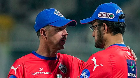 Delhi Capitals coach Ricky Ponting and mentor Sourav Ganguly before the start of the Indian Premier League (IPL)T20 cricket match between Kolkata Knight Riders and Delhi Capitals, at the Eden Gardens, in Kolkata, Monday, April 29, 2024.