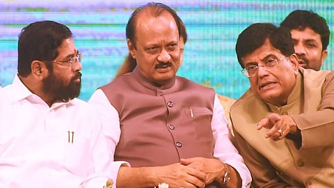 Maharashtra Chief Minister Eknath Shinde, Deputy Chief Minister Devendra Ajit Pawar and Union Minister Piyush Goyal during Mahayuti workers meeting, in Mumbai, Saturday, July 6, 2024. 