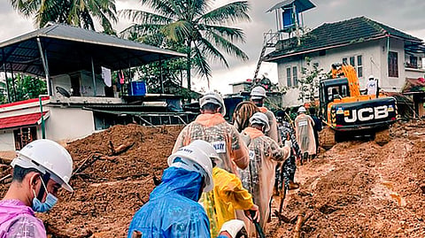 A rescue operation underway at the landslide site in Wayanad.
