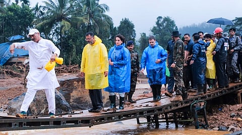 Leader of Opposition in Lok Sabha and Congress MP Rahul Gandhi along with party leader Priyanka Gandhi Vadra during their visit at the landslides affected sites, in Wayanad.