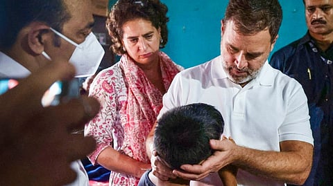 Leader of Opposition in the Lok Sabha Rahul Gandhi with AICC General Secretary Priyanka Gandhi Vadra visits a relief camp for people affected by the landslides, in Wayanad district, Thursday, Aug. 1, 2024.
