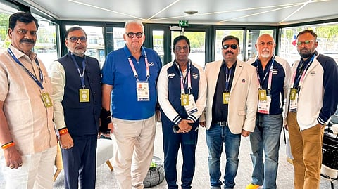 United World Wrestling (UWW) President Nenad Lalovic, Indian Olympic Association (IOA) President P.T. Usha, Wrestling Federation of India (WFI) President Sanjay Singh and IOA CEO Raghuram Iyer during a meeting regarding disqualification of Indian wrestler Vinesh Phogat from the 2024 Summer Olympics, in Paris, France, Wednesday, Aug. 7, 2024.